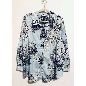 Susan Graver Top Womens 20W Light Blue Floral Button Up Long Sleeve Career Work